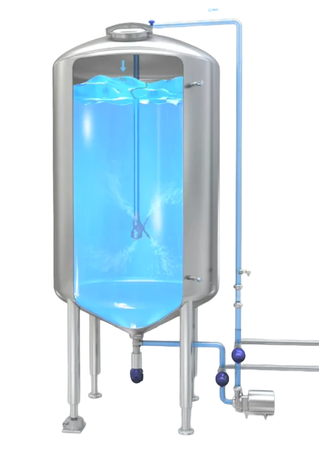 Mezclador Rotativo Jet — Vista general del sistema: boquillas giratorias y cobertura tridimensional del tanque de proceso